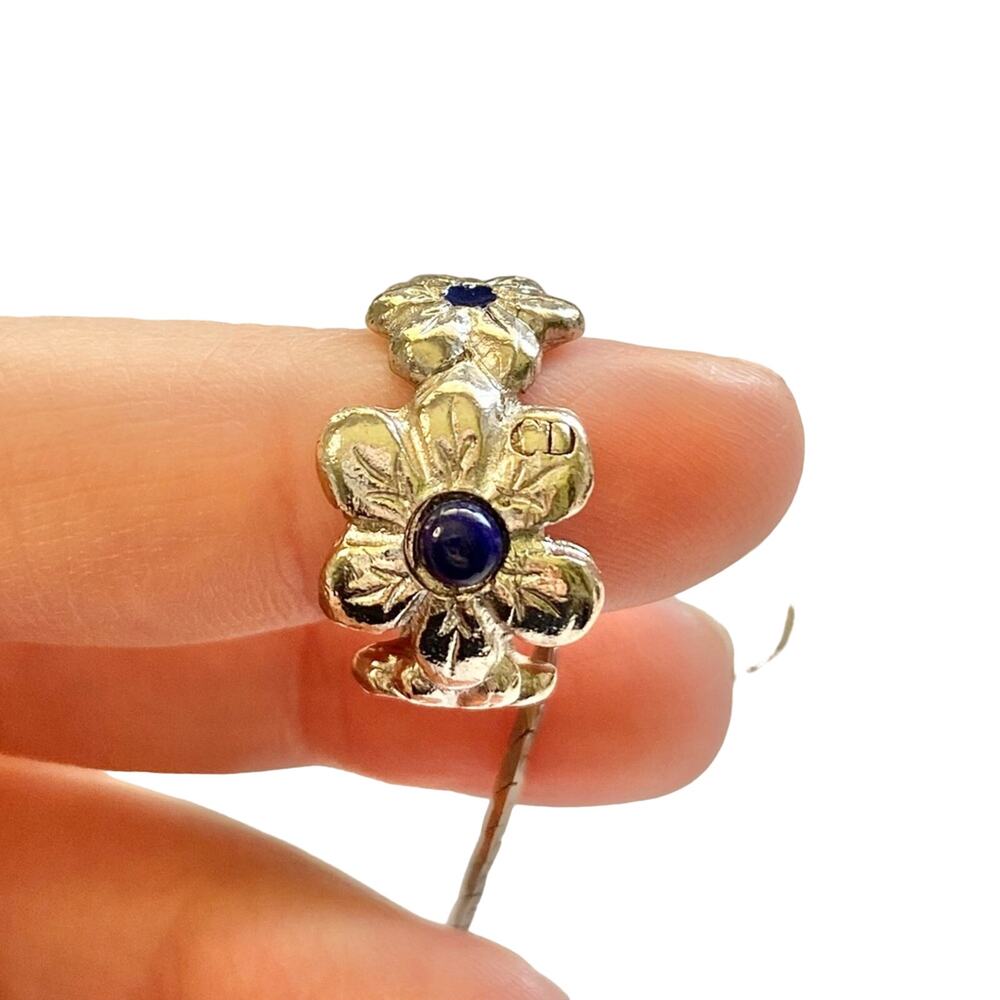 VTG Galliano Christian Dior Silver Metal Lapis Lazuli Flower Ring & Necklace Set - Picture 9 of 14